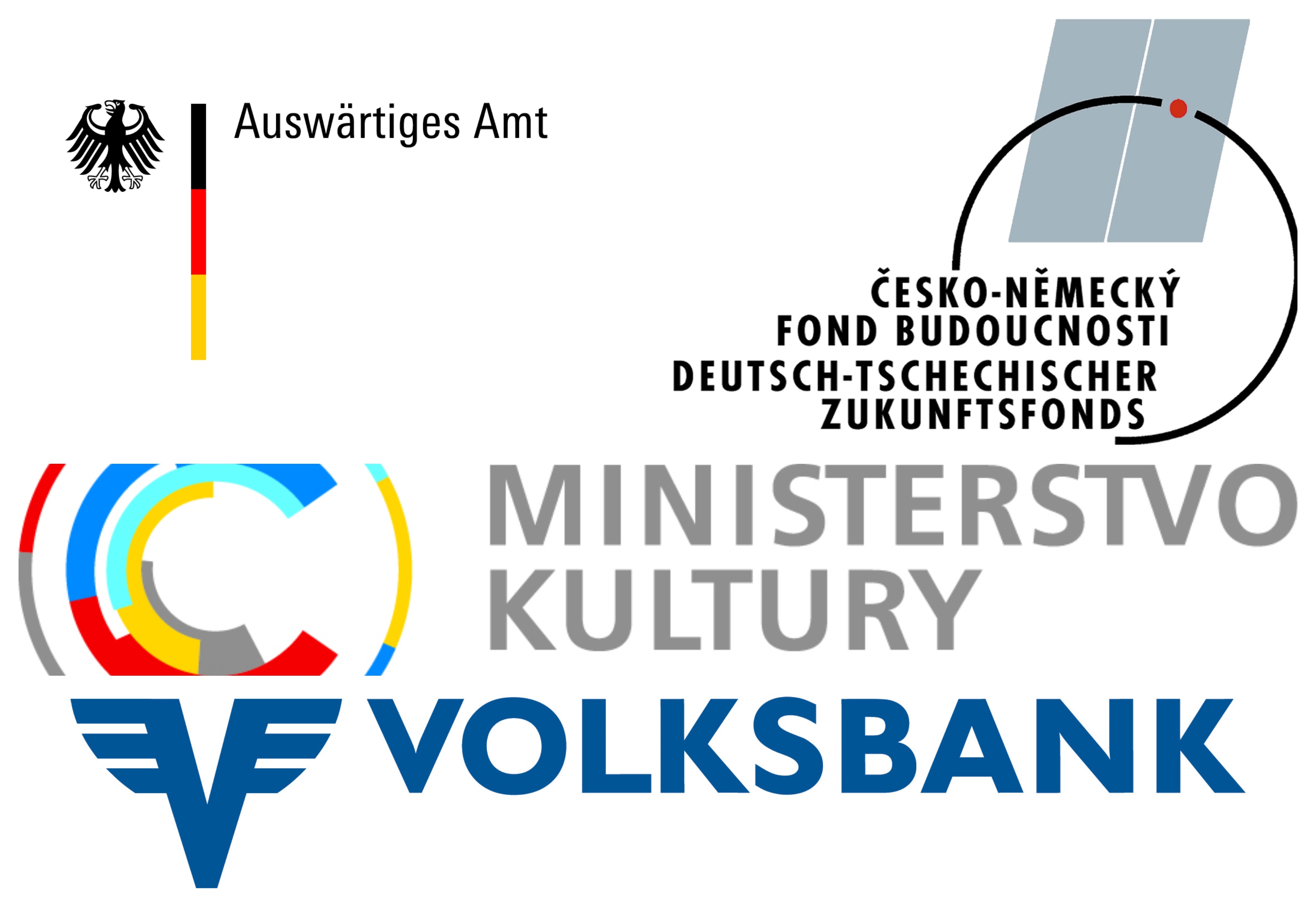 Logo Ministerstva zahraničních věcí Spolkové republiky Německo, logo Česko-německého fondu budoucnosti, logo Ministerstva kultury a logo Volksbank
